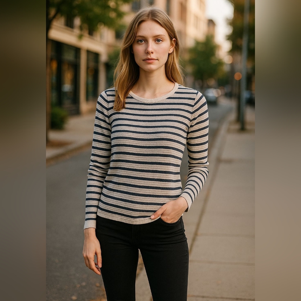 LOFT Navy and Cream Striped Long Sleeve Top